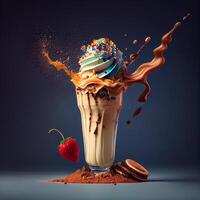 élégant magnifique fruité Milk-shake, Chocolat laissez tomber éclaboussures - ai généré image photo