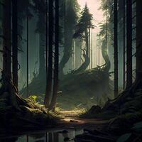 foncé sombre Conte de fée mystérieux forêt - ai généré image photo