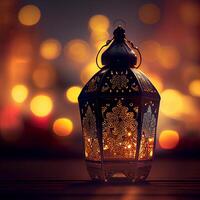 fleuri original traditionnel Oriental asiatique lanterne avec magnifique bokeh de vacances lumières et mosquée dans le Contexte - ai généré image photo
