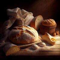 fait maison Frais levain pain, foncé Contexte - ai généré image photo
