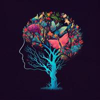 Humain cerveau arbre avec fleurs et papillons, concept de soi se soucier, esprit, des idées, la créativité - ai généré image photo