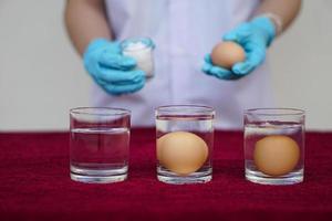 proche en haut science expérience à propos des œufs dans eau, comparer le densité par ajouter sel dans eau, tremper des œufs dans transparent verre. concept, facile science activité pour apprentissage , en train d'étudier leçon. éducation photo