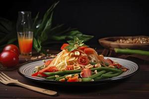 traditionnel thaïlandais nourriture Papaye salade préparé avec bien tranches de papaye, tomates, vert des haricots et cacahuètes photo