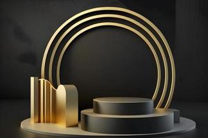 vide noir podium pour produit afficher avec verticule abstrait d'or formes contre élégant noir Contexte avec circulaire d'or lignes sur il, Vide podium pour produit afficher présentation. gratuit photo