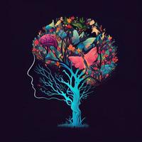 Humain cerveau arbre avec fleurs et papillons, concept de soi se soucier, esprit, des idées, la créativité - ai généré image photo