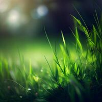 magnifique texture de vert Prairie herbe avec rosée gouttes proche en haut, abstrait brouiller Naturel bokeh Contexte - ai généré image photo