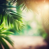 brouiller magnifique la nature vert paume feuille sur tropical plage avec bokeh Soleil lumière éclater vague abstrait Contexte. été vacances et affaires Voyage concept espace - ai généré image photo