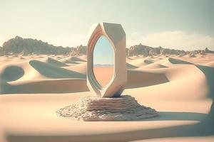 3d podium afficher produit pierre piédestal avec une miroir mis dans le désert photo