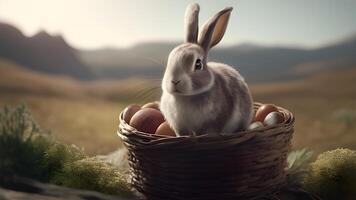 célébrer Pâques avec une mignonne lapin, coloré œufs, et beaucoup de copie espace. ai généré photo