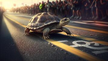 tortues course à atteindre le terminer ligne avec génératif ai. photo