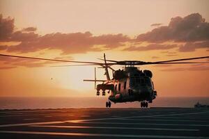 militaire hélicoptère sur navire de guerre planche à le coucher du soleil. marine hélicoptère sur planche le avion transporteur dans le mer. établi avec génératif ai photo