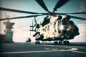 militaire hélicoptère sur navire de guerre planche dans le mer. marine hélicoptère sur planche le avion transporteur. établi avec génératif ai photo