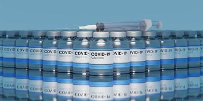 Vaccin contre le coronavirus sur un tableau blanc avec un fond bleu, rendu 3d photo