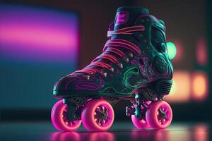 génératif ai, rouleau patin dans cyberpunk style, disco nostalgique années 80, années 90. néon nuit lumières vibrant couleurs, photoréaliste horizontal illustration de le futuriste ville. sport activité concept. photo