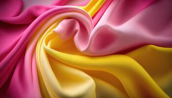 génératif ai, écoulement mousseline de soie en tissu texture dans lumière rose et Jaune couleur. brillant printemps bannière, Matériel 3d effet, moderne macro photoréaliste abstrait Contexte illustration. photo