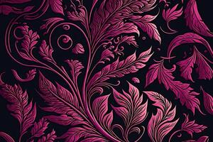 génératif ai, floral modèle dans magenta couleur. William morris inspiré Naturel les plantes rose arrière-plan, ancien illustration. fleurs et feuillage ornement. photo
