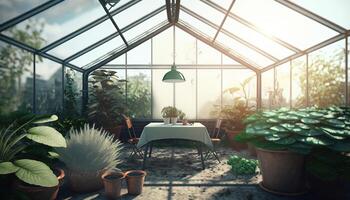 génératif ai, vert maison de le verre, verre de tente jardin avec une lot de les plantes. photoréaliste effet. photo