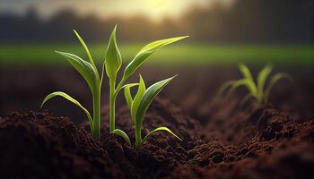 génératif ai, Jeune plante croissance dans lumière du soleil de le sol, macro photoréaliste illustration, agricole légume. la nature biologique en bonne santé ferme nourriture concept, horizontal bannière. photo