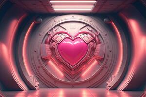 génératif ai, futuriste espace navire pièce avec rose cœur dans cyberpunk style illustration. aimer, sentiments, romantique st. la Saint-Valentin journée concept. science-fiction, réaliste 3d effet. photo