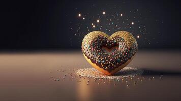 génératif ai, Chocolat Donut dans cœur forme avec peu cœurs des pâtisseries sur le tableau. sucré nourriture La publicité bannière. 3d effet, st. la Saint-Valentin romantique boulangerie concept, moderne illustration photo