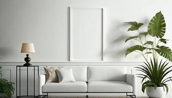 génératif ai, réaliste blanc affiche moquer en haut à Accueil intérieur, blanc mur Contexte photo