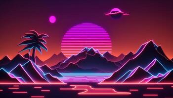 génératif ai, rétro style, nostalgique années 80, années 90. nuit paysage, le coucher du soleil couleurs, science-fiction, retrowave ancien illustration. soleil, montagnes, route et des arbres. numérique rétro cyber surface. photo