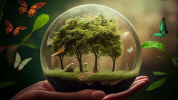 en portant une arbre dans une balle, écologie et environnement concept avec génératif ai. photo