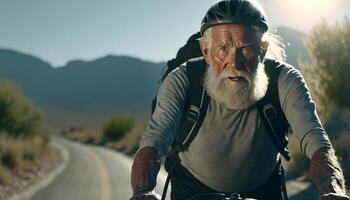 grand-père aller à vélo à travers le Autoroute sur une chaud jour, proche en haut de grand-père aller à vélo, ai généré photo