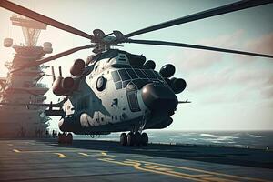 militaire hélicoptère sur navire de guerre planche dans le mer. marine hélicoptère sur planche le avion transporteur. établi avec génératif ai photo