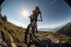 professionnel cycliste dans protecteur casque les trains sur Montagne route. femelle athlète les trains sur une vélo. établi avec génératif ai photo