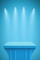 bleu rectangle podium sur bleu Contexte avec projecteurs. piédestal pour produit afficher, 3d rendu photo