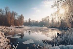 congelé la glace Lac dans hiver dans une parc dans le forêt dans ensoleillé temps une panoramique vue avec une bleu ciel photo