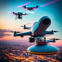 surveillance drone avec vidéo caméra et futur ville arrière-plan, génératif art par ai photo