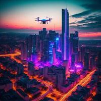 surveillance drone avec vidéo caméra et futur ville arrière-plan, génératif art par ai photo