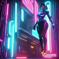sci Fi futuriste femme dans costume bataille bats toi scène avec néon lumière , génératif art par ai photo