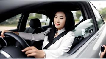 photo de asiatique femme conduite une voiture, génératif art par ai