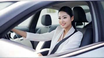 photo de asiatique femme conduite une voiture, génératif art par ai