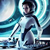 futuriste science-fiction de femme astronaute divertissement dj la musique gare, génératif art par ai