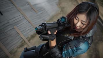 asiatique femme tournage une pistolet , génératif art par ai photo