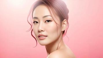 magnifique asiatique femme beauté soin de la peau avec visage détaillé sur rose arrière-plan, génératif art par ai photo