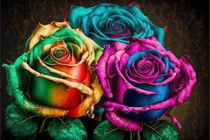 ai généré fantaisie miracle multicolore des roses sur le sol. photo