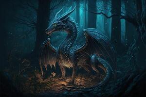 ai généré noir dragon dans le nuit forêt. fantaisie thème lueur dans le foncé Contexte. photo