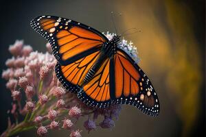 ai généré magnifique Orange monarque papillon dans Extérieur fleur jardin. photo