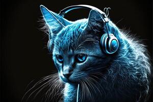 chat porte écouteurs. néon bleu Ton. ai généré photo