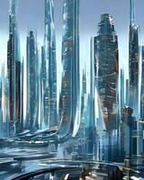 ai généré, sci Fi futur paysage urbain de unique futuriste bâtiment architecture avec acier métal et futur verre matériaux, LED lumières, rêves image photo