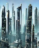 ai généré, sci Fi futur paysage urbain de unique futuriste bâtiment architecture avec acier métal et futur verre matériaux, LED lumières, rêves image photo