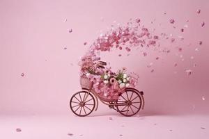 fleurs mouche en dehors de rose vélo bascet sur rose Contexte. romanitique concept pour Valentin journée photo