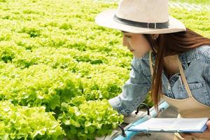 agricultrice asiatique tenant un presse-papiers et une salade de légumes crus pour vérifier la qualité dans le système de ferme hydroponique en serre. concept d'environnement de contrôle de l'eau, de la lumière et de la température. aliments biologiques photo