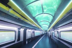 futuriste tunnel salut la vitesse train chemin de fer avec néon lumière, génératif art par ai photo