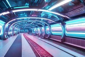 futuriste tunnel salut la vitesse train chemin de fer avec néon lumière, génératif art par ai photo